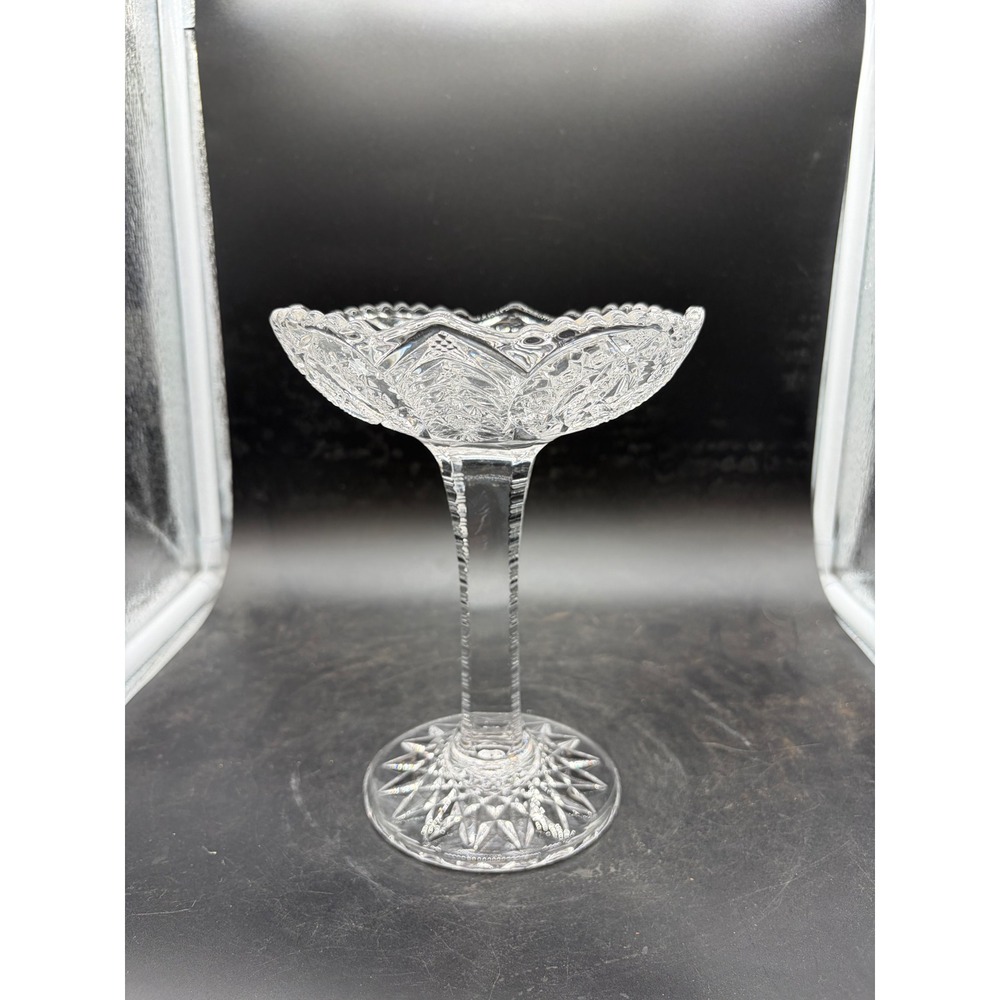 Vintage Cut Glass Pedestal Candy Dish Starburst Pattern Tall Compote Bowl Clear